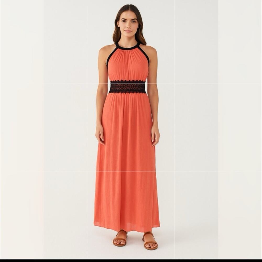 NWT Daisy Salmon Coral Maxi Dress Large Cross Back Sheer Lace Cutout Padded Bust